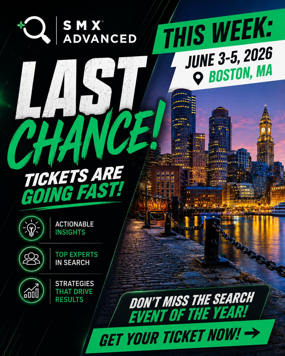smx's tweet photo. 🚨 SMX Advanced starts TOMORROW in Boston! 

Join the brightest minds in SEO, PPC, AI, and analytics for advanced sessions, networking, meetups, and SMX After Dark. Tickets are still available, but time is almost up. 

Register now: https://t.co/BqtwMx455L https://t.co/hzm4wMp7mt