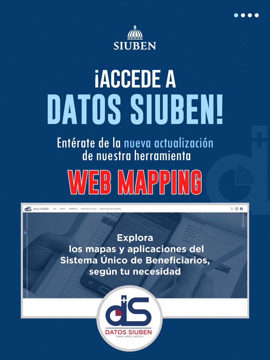 SiubenRD's tweet photo. Presentamos una nueva actualización de #DatosSIUBEN #WebMapping.

Esta versión incorpora mejoras en la navegación, acceso directo a los principales índices generados por el SIUBEN, nuevas categorías temáticas y vínculos entre mapas e indicadores.

#SIUBEN #DatosParaDecidir https://t.co/W7WsO5QL5o