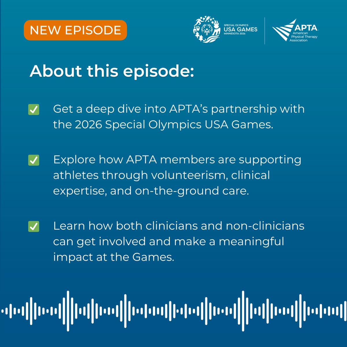 APTA_official's tweet photo. In this episode of APTA Podcasts, APTA leaders share how members are supporting the @2026USAGames. 🦾🏅

From hands-on care to volunteer opportunities, learn why this matters for the profession and how you can get involved: https://t.co/ZnWztAgPf2 https://t.co/DkexZGprtl
