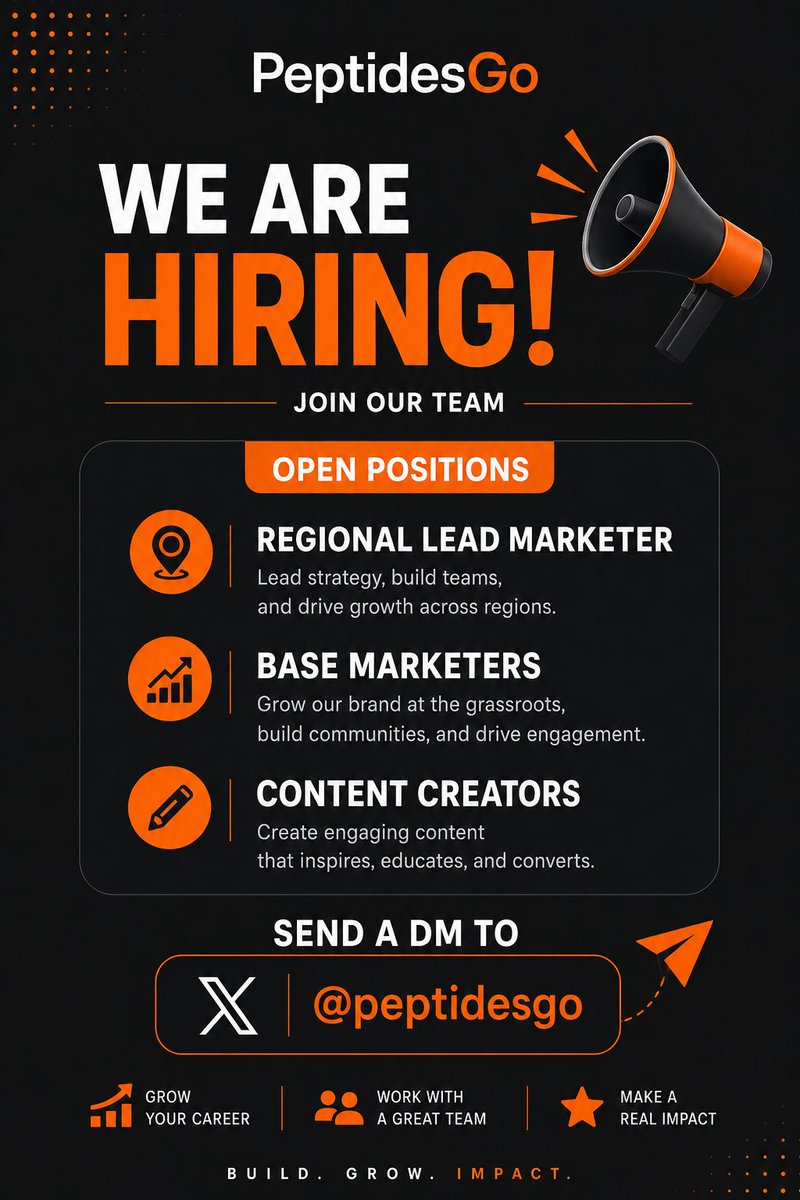 PeptidesGo's tweet photo. We are hiring @PeptidesGo 

Send a dm to apply for  a position and we will give you a response ASAP!

#Job #vacancy https://t.co/UUWFoXan6a
