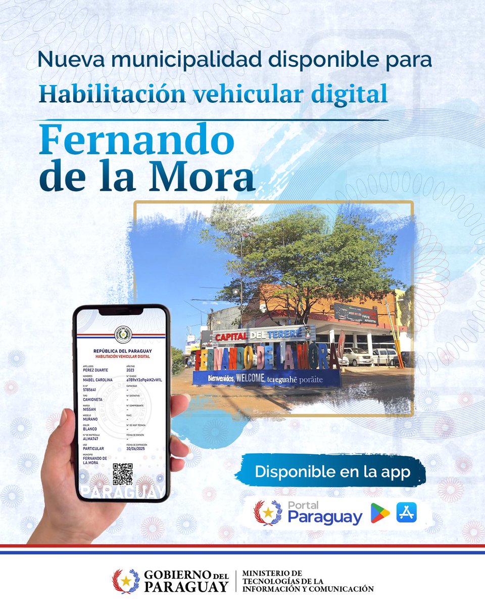 Miticpy's tweet photo. 📲 | Las habilitaciones vehiculares de la Municipalidad de Fernando de la Mora ya están disponibles en formato digital a través de la app Portal Paraguay.

Descargá la aplicación y llevá tus documentos siempre con vos en el celular. https://t.co/0kHHhZmfja