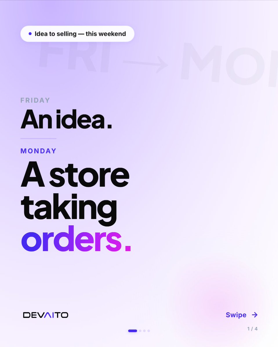 devaito_ai's tweet photo. Your business idea shouldn't take months to launch.
No developers. No quotes. No plugins. No half-built drafts.
Just describe your idea → Devaito builds your store, pages, payments &amp; SEO.
Friday: an idea. Monday: a store taking orders.
Start free → https://t.co/mb3CLKlhN7
#AI https://t.co/cfs14A0LMs