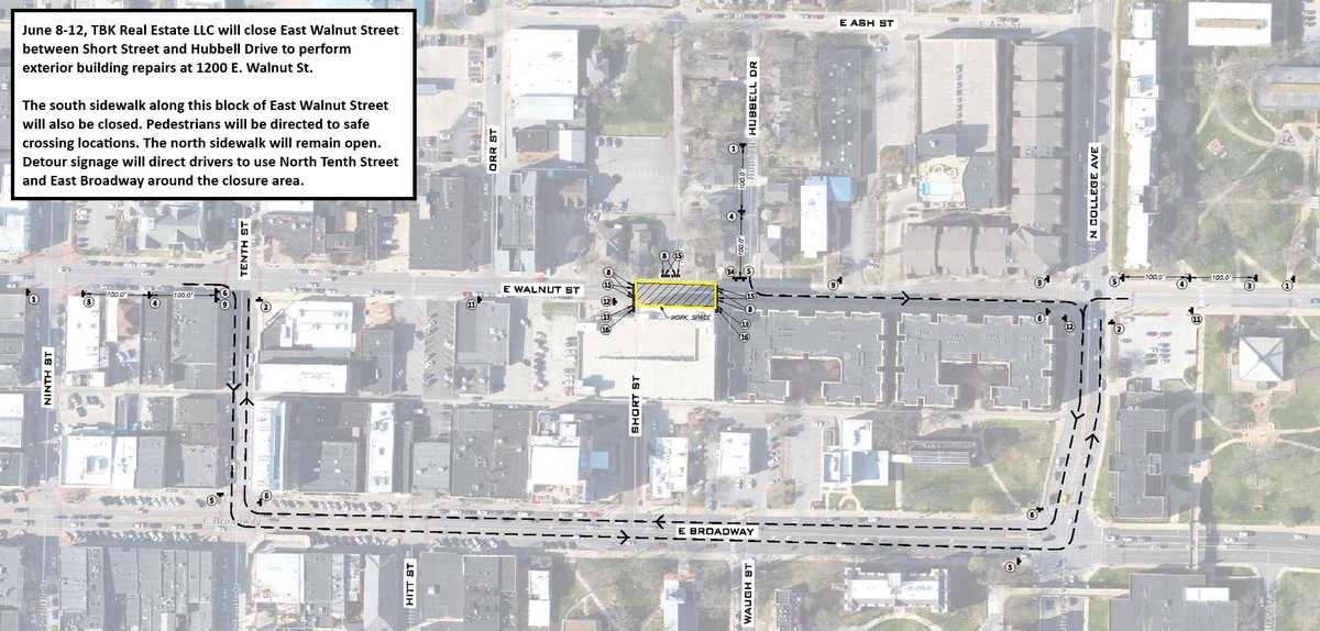 pub_works's tweet photo. June 8-12, contractors will close East Walnut Street between Short Street and Hubbell Drive to perform exterior building repairs at 1200 E. Walnut St. Detours will use East Broadway and Tenth Street.

For more information, see the press release at https://t.co/ZrqQimVqun. https://t.co/wre89QBapu