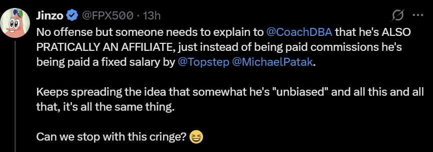 CoachDBA's tweet photo. Internet will never cease to amaze me. 😆

You bet your fucking ass I'm bias!! 

Did my research, know the people, know what @topstep stands for, and traded with them. 

Like those who partner & go on CNBC to talk. They are not going to post about FOX or ABC "competitors"

The funny thing.... Not even what the post was about...

Real traders vs affiliates. NOTHING to do with firms. 🤷‍♂️