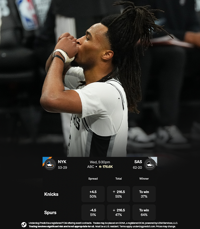 Underdog's tweet photo. Each of the Spurs' last 4 first round picks increased their 3P% from the regular season to the playoffs:

Victor Wembanyama: 34.9% ➡️ 37.0%
Stephon Castle: 33.2% ➡️ 36.3%
Dylan Harper: 34.3% ➡️ 36.4%
Carter Bryant: 33.5% ➡️ 38.5%

Dynasty loading... https://t.co/Lu058LDvHK