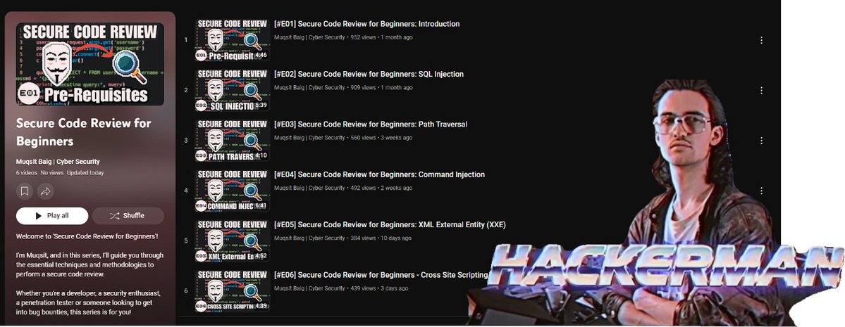 mqst_'s tweet photo. 🧵1/2 A must watch Playlist on Secure Code Review for BEGINNERS: 

Language is Python &amp; this playlist focuses on vulnerabilities like XXE, Command Injection, SQL Injection, XSS and more. 

👇full playlist and youtube channel https://t.co/F7Xm7Typ2y