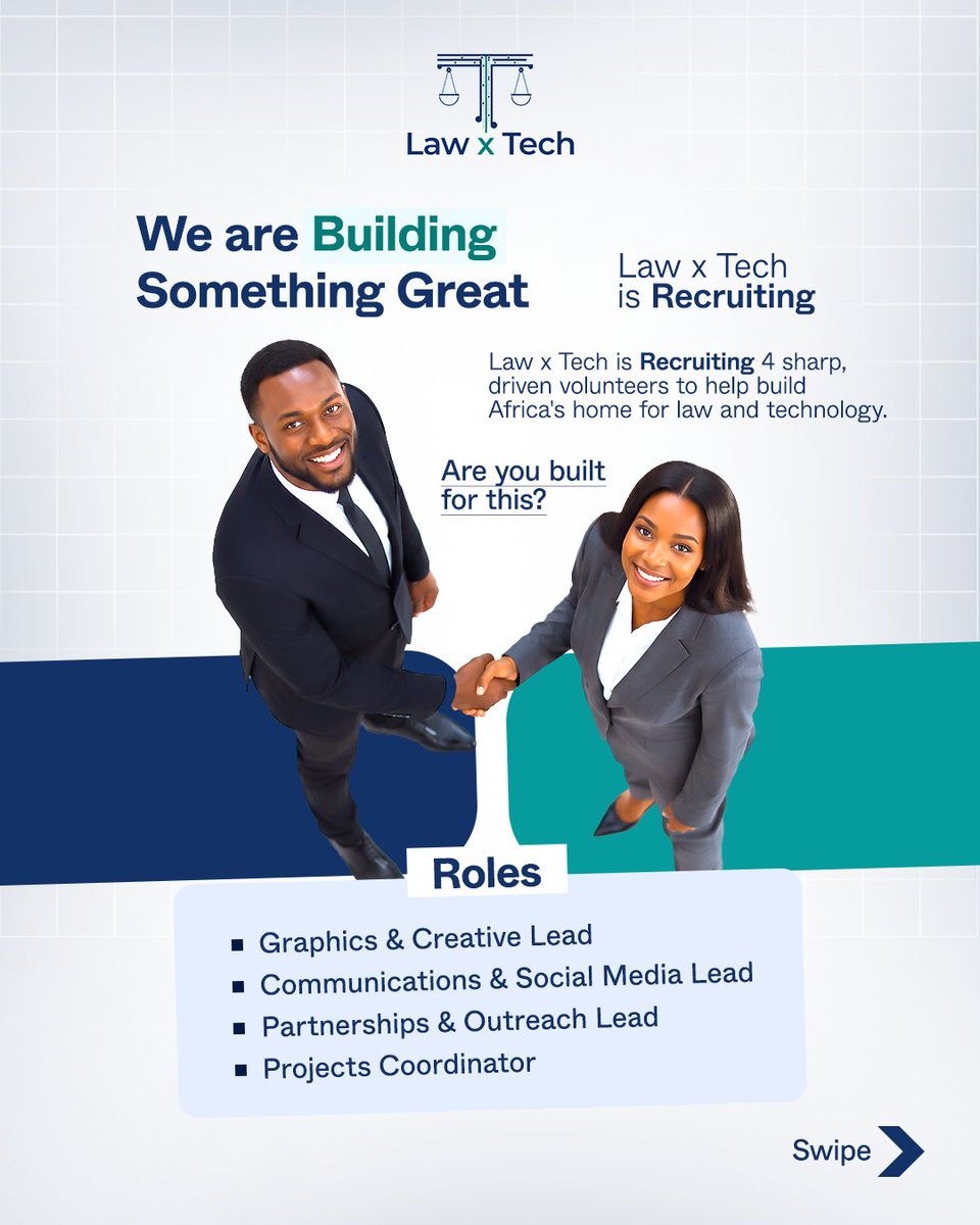 LawxTech's tweet photo. We're Building Something Great. Join Us.

Law x Tech is looking for passionate volunteers to help shape Africa's leading law and technology platform.

We are recruiting for a Graphics &amp; Creative Lead,
Comms &amp; Social Media Lead, Projects Coordinator &amp; Partnerships &amp; Outreach Lead. https://t.co/VK5OJgHYl5