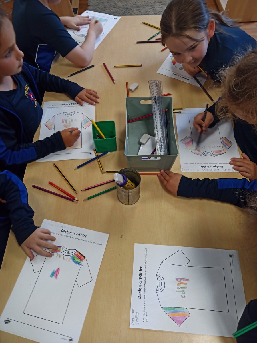 MissDSGC's tweet photo. The children have been designing their own t-shirts, to celebrate Pride Awareness Month! @MrGSGC @MissTSGC https://t.co/cbHszDuUpI