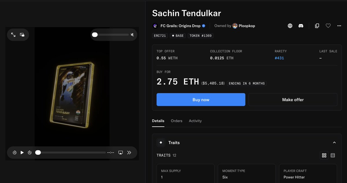 fcgrails's tweet photo. The Origins secondary market is heating up.

Current top offers include:

→ Sachin Tendulkar: 0.55 WETH
→ Yuvraj Singh: 0.55 WETH
→ Virat Kohli: 0.15 WETH

With the floor at 0.0125 ETH, some of the grails people actually want are pulling 40x already 👀 https://t.co/I2Iprjv6DC