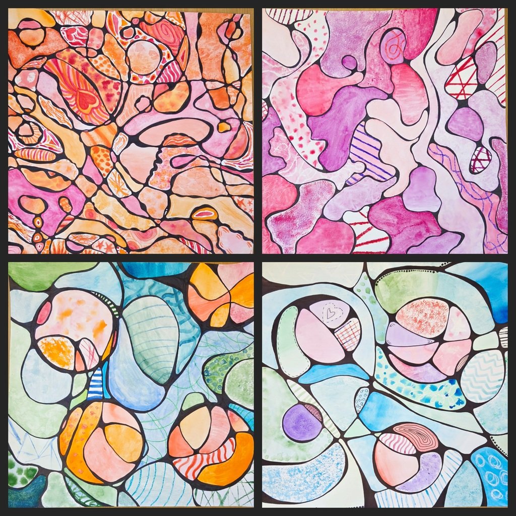 LRHSNJ's tweet photo. Colorful Neurographic Watercolor Paintings by Art 1 students!  Students learned about analogous colors, watercolor techniques and line application, while applying minfilness to their work 🎨 https://t.co/XSm8X3PGiu