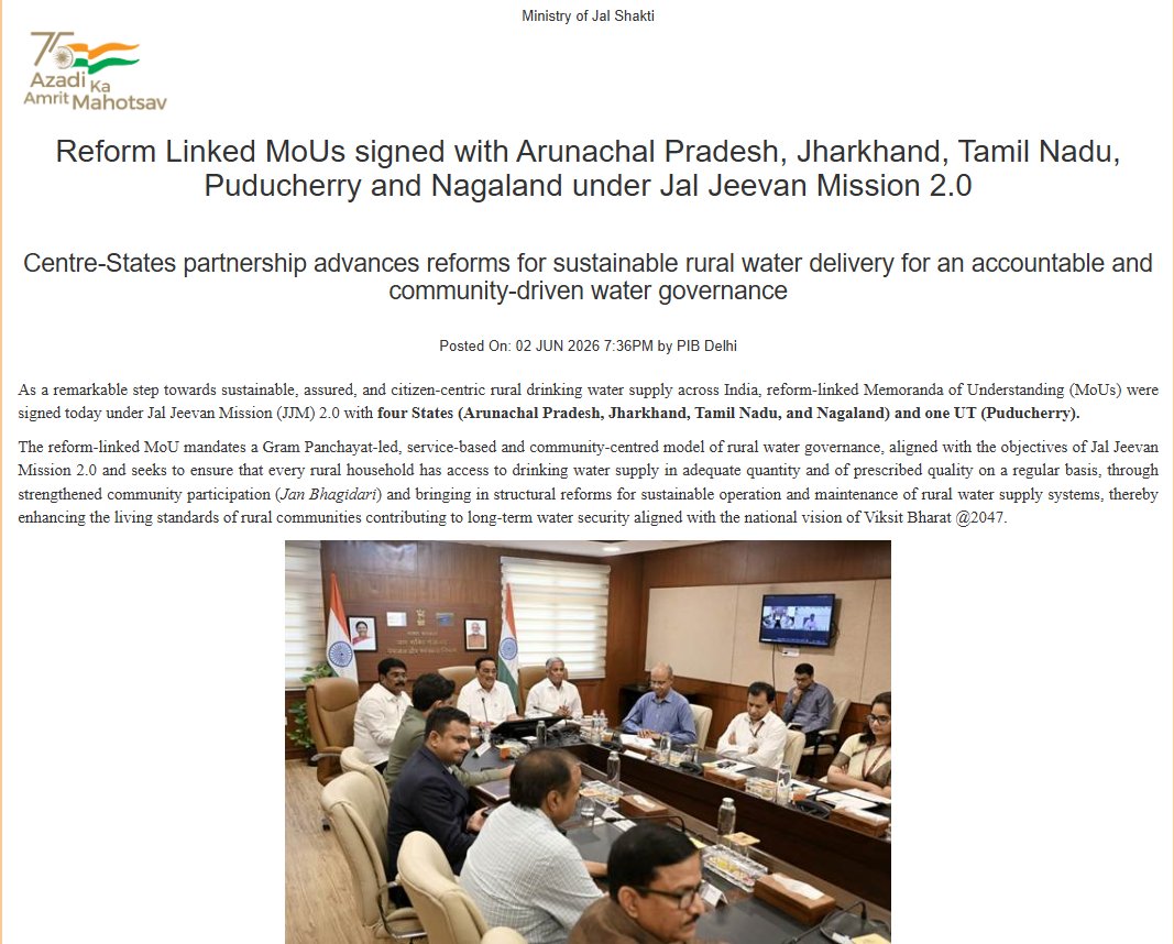 PIBWater's tweet photo. Reform‑Linked MoUs signed with Arunachal Pradesh, Jharkhand, Tamil Nadu, Puducherry and Nagaland under Jal Jeevan Mission 2.0

Read more: https://t.co/OibMvsnzCl

@CRPaatil @VSOMANNA_BJP @PMOIndia  @ArunachalCMO @JharkhandCMO @CMOTamilnadu @CM_Puducherry @CmoNagaland @PIB_India https://t.co/pb2FTDQooE
