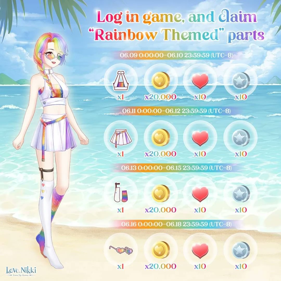 Deicide_Rose's tweet photo. Love Nikki is still the only Chinese gacha game I've ever seen that actually acknowledges Pride Month and gives us Pride themed stuff for free under the plausible deniability of vague rainbow themed clothes conveniently released specifically on June without fail it's so funny https://t.co/CMsfM6I49a