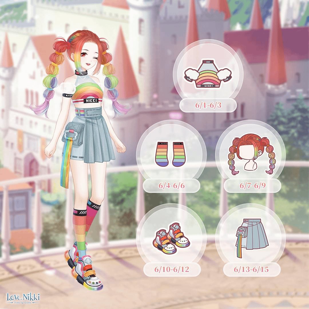 Deicide_Rose's tweet photo. Love Nikki is still the only Chinese gacha game I've ever seen that actually acknowledges Pride Month and gives us Pride themed stuff for free under the plausible deniability of vague rainbow themed clothes conveniently released specifically on June without fail it's so funny https://t.co/CMsfM6I49a