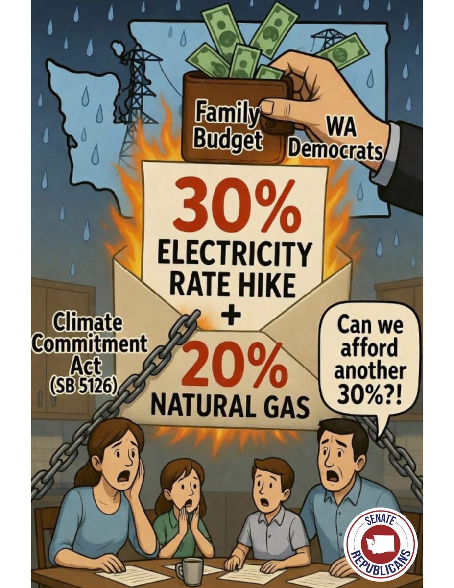 WashingtonSRC's tweet photo. Can you afford a 30% utility rate increase?

Puget Sound Energy (PSE) is proposing major utility hikes: 30% on electricity and 20% on natural gas over the next three years. The biggest driver? Compliance costs tied to our state's Climate Commitment Act (SB 5126 in 2021, enacted 2023) from WA Democrats according to The Center Square.

These sharp increases need approval from the Washington Utilities and Transportation Commission, which is appointed by the Governor. Energy bills have already jumped 12% this year alone.

Many WA families and individuals cannot afford this. It’s time for policies that lower the cost of energy, instead of ones that constantly raise prices.

#UnaffordableWA #PowerWA #waleg