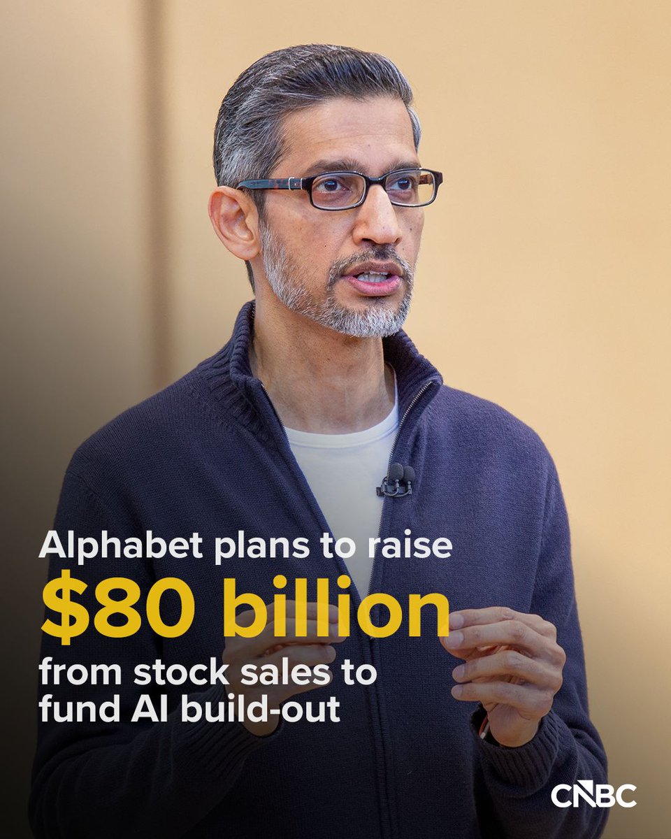 CNBC's tweet photo. Alphabet said Monday it plans to sell $80 billion in stock, including through a $10 billion investment by Berkshire Hathaway.

The Google parent company said in a statement that the capital will “fund investments in its world-class AI compute infrastructure to meet its unprecedented customer demand.”

More details: https://t.co/TcUKc7AsHQ