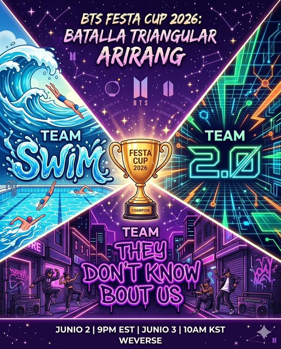 AnaOT7Army's tweet photo. DAY TWO OF THE TRIANGULAR BATTLES AT FESTA CUP 2026! ππ
The next three winning songs facing off for a single ticket to the quarter-finals.
#TeamSwim πββοΈ
#Team2.0 π€
#TeamTheydontknowboutus π€«
June 2 | 9pm EST | June 3 | 10am KST | πWeverse
π https://t.co/3e8LkogmTz
The competition is getting more intense! only one will be crowned the absolute champion of the Festa Cup.
Which of these three gems deserves to stay alive in the tournament?π¬π