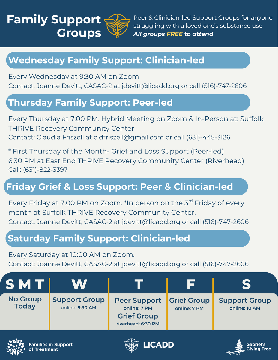 LICADD's tweet photo. You don't have to go through it alone. 💜 Free family support and grief &amp; loss groups are available through LICADD, FIST &amp; GGT. View the flyers for details. #LICADD #FIST #GGT https://t.co/7sq0p9EohE