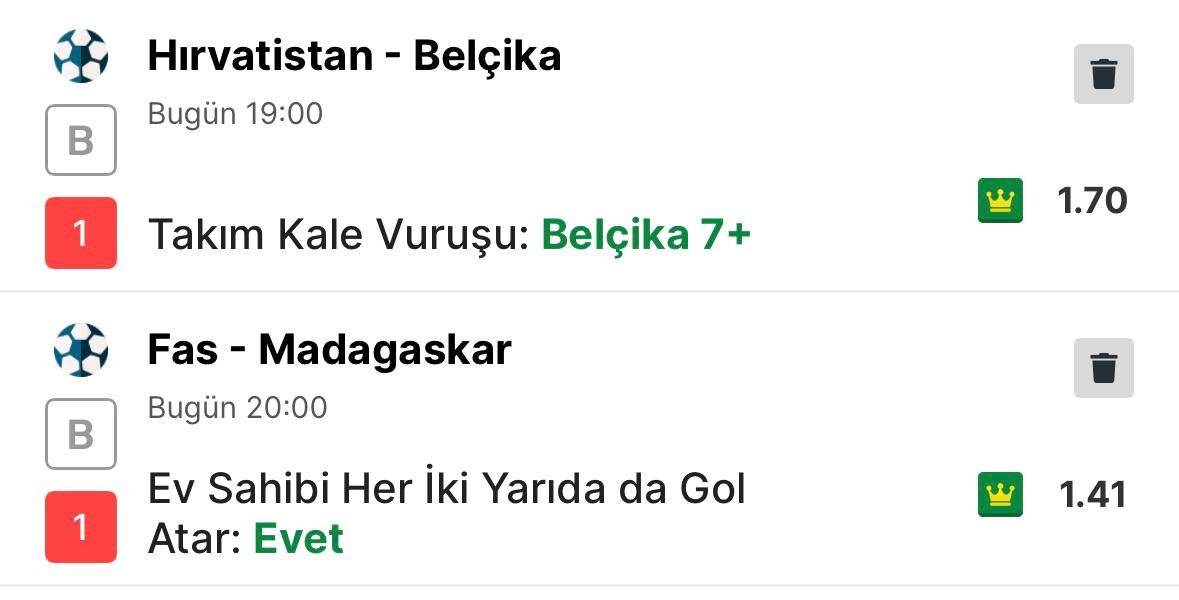 halfspacess's tweet photo. maç rijeka’da oynanacak. hırvatlar belçika'ya göre daha derli toplu ki belçika çok güçsüzleşti jenerasyon olarak. skor ne olursa olsun şutlarını bekliyorum dolayısıyla kale vuruşuna yöneldim. barem uygun.

yanına fas’ın iki yarıda golünü ekledim. fas girenlerle çıkanlarla baya iyi bir takım. dünya kupasında da iyi sonuçlar bekliyorum. karşımıza aldığımız ülke madagaskar.

değerlendireceklere bol şans ✍️