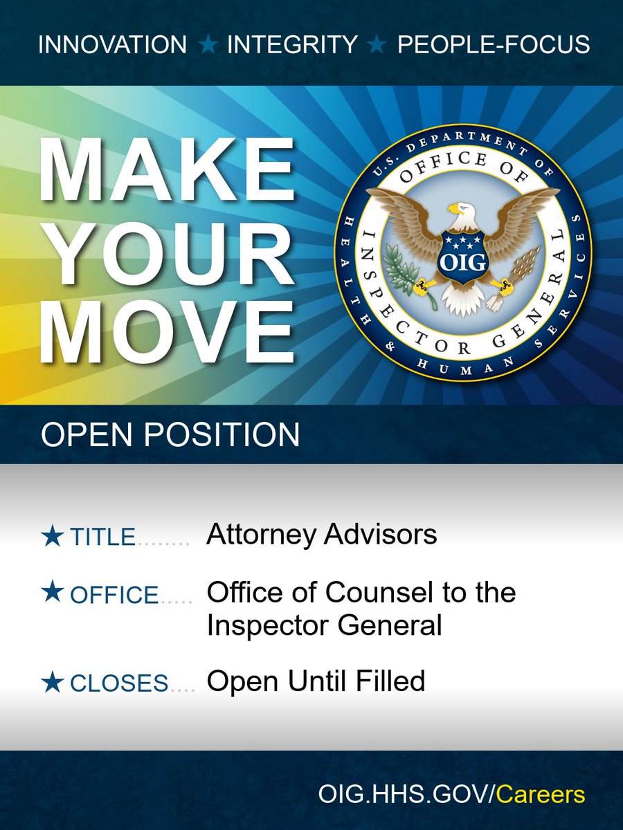 OIGatHHS's tweet photo. HHS-OIG is hiring Attorney Advisors! Join the Office of Counsel to the Inspector General, Advice Branch, providing legal guidance on audits, evaluations, Medicare &amp; Medicaid oversight, and key HHS issues. Make an impact through public service—apply today! https://t.co/73N7p9dYNJ https://t.co/TDvJHAUdUN