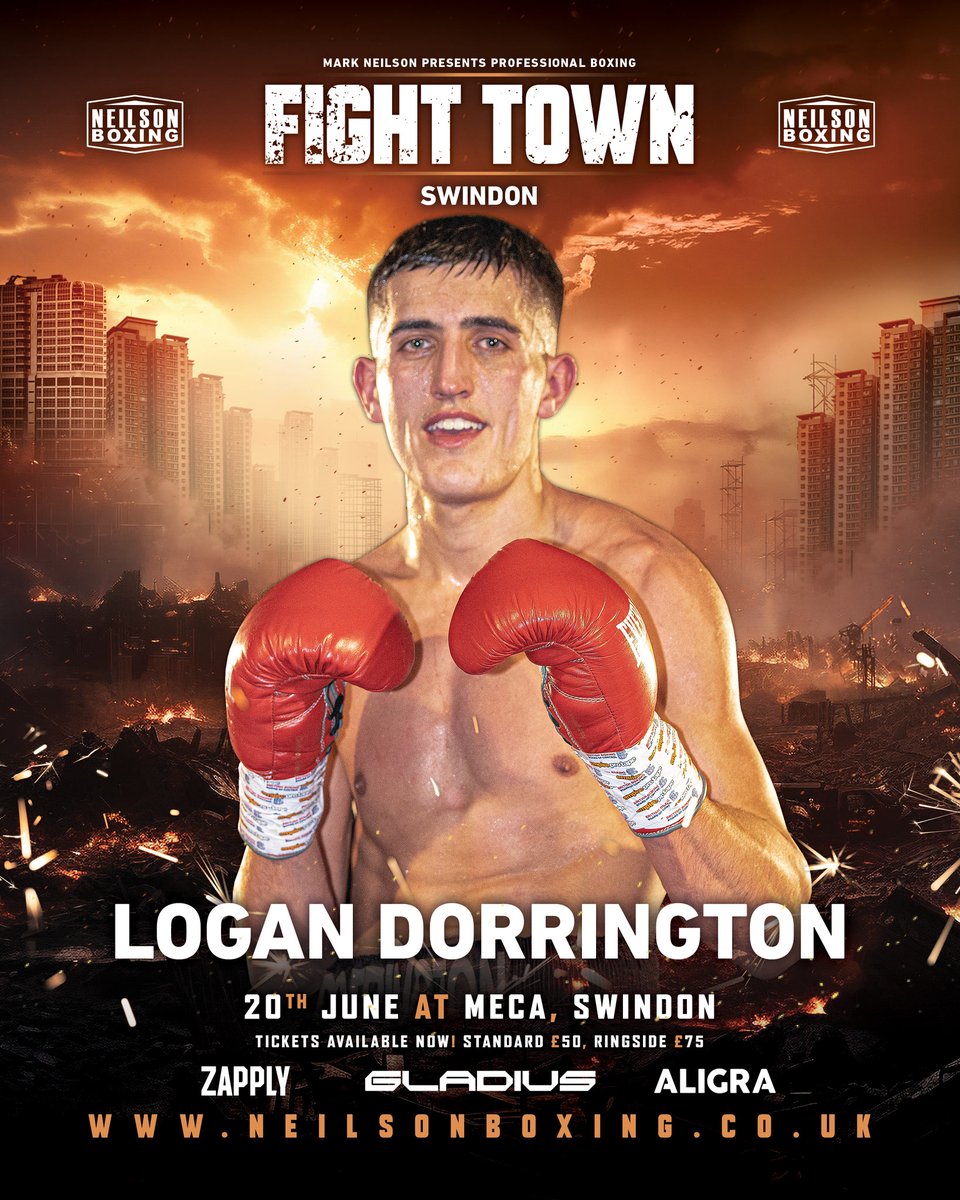 NeilsonBoxing's tweet photo. Dorrington Added to Fight Town 🥊

Having not dropped a round yet as a professional, Logan Dorrington will look to go 10-0 when he fights later this month 🔥

Sat June 20th 2026
🏟️ Meca, Swindon
🎟️ £50 Standard &amp; £75 Ringside
🤝 Zapply &amp; Aligra &amp; Gladius https://t.co/nKhV9khzI9