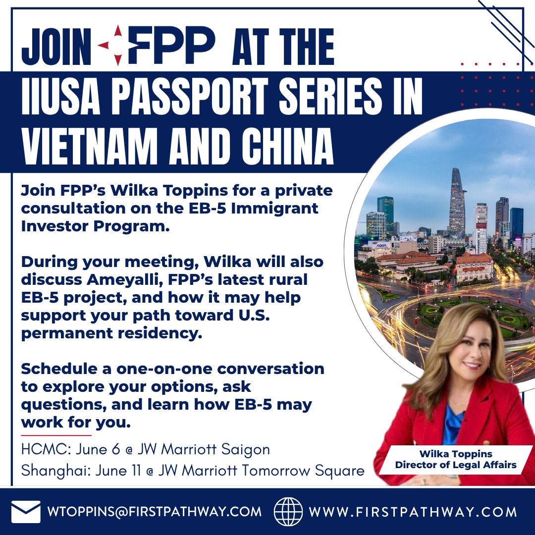 FirstPathway's tweet photo. Join FPP’s Wilka Toppins for a private consultation on the EB-5 Immigrant Investor Program.

During your meeting, Wilka will also discuss Ameyalli, FPP’s latest rural EB-5 project, and how it can support your path to U.S. Permanent Residency.

Contact: wtoppins@firstpathway.com https://t.co/6VJ6KB3BgE