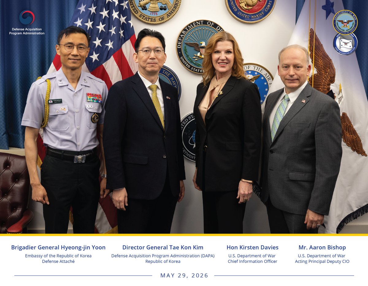 DoW CIO Kirsten Davies hosted Director General Tae Kon Kim, Defense Acquisition Program Administration (@dapapr) last week. Their meeting reaffirmed our two nations shared commitment to risk-based frameworks for defense technologies. 

@SecWar Hegseth has discussed the importance https://t.co/Lr3Sk394E5
