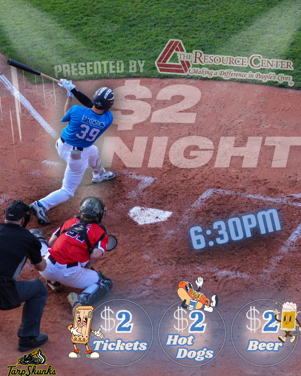 tarpskunks's tweet photo. Everyone’s favorite night!!! $2 night! Join us tonight as we take on the Olean Oilers at 6:30 presented by The Resource Center where bleacher tickets, beer and hotdogs are all TWO DOLLARS! 
Can’t wait to see you there and hopefully walk out 3-0😉 https://t.co/19452nHWyW