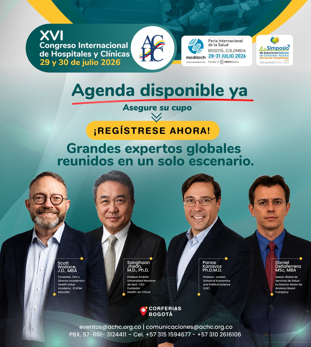 ACHC_Col's tweet photo. La salud enfrenta grandes desafíos. La respuesta exige mejores decisiones.
IA, sostenibilidad, liderazgo, hospitales inteligentes y referentes globales se darán cita en el XVI Congreso Internacional de Hospitales y Clínicas.
📍 Corferias Bogotá | 29 y 30 de julio de 2026

Asegure su cupo, consulte la agenda e inscríbase hoy mismo ✍️ https://t.co/k6MOBNcEXN

#CongresoACHC #LiderazgoEnSalud #GestiónHospitalaria #InnovaciónEnSalud #Hospitales #Clínicas