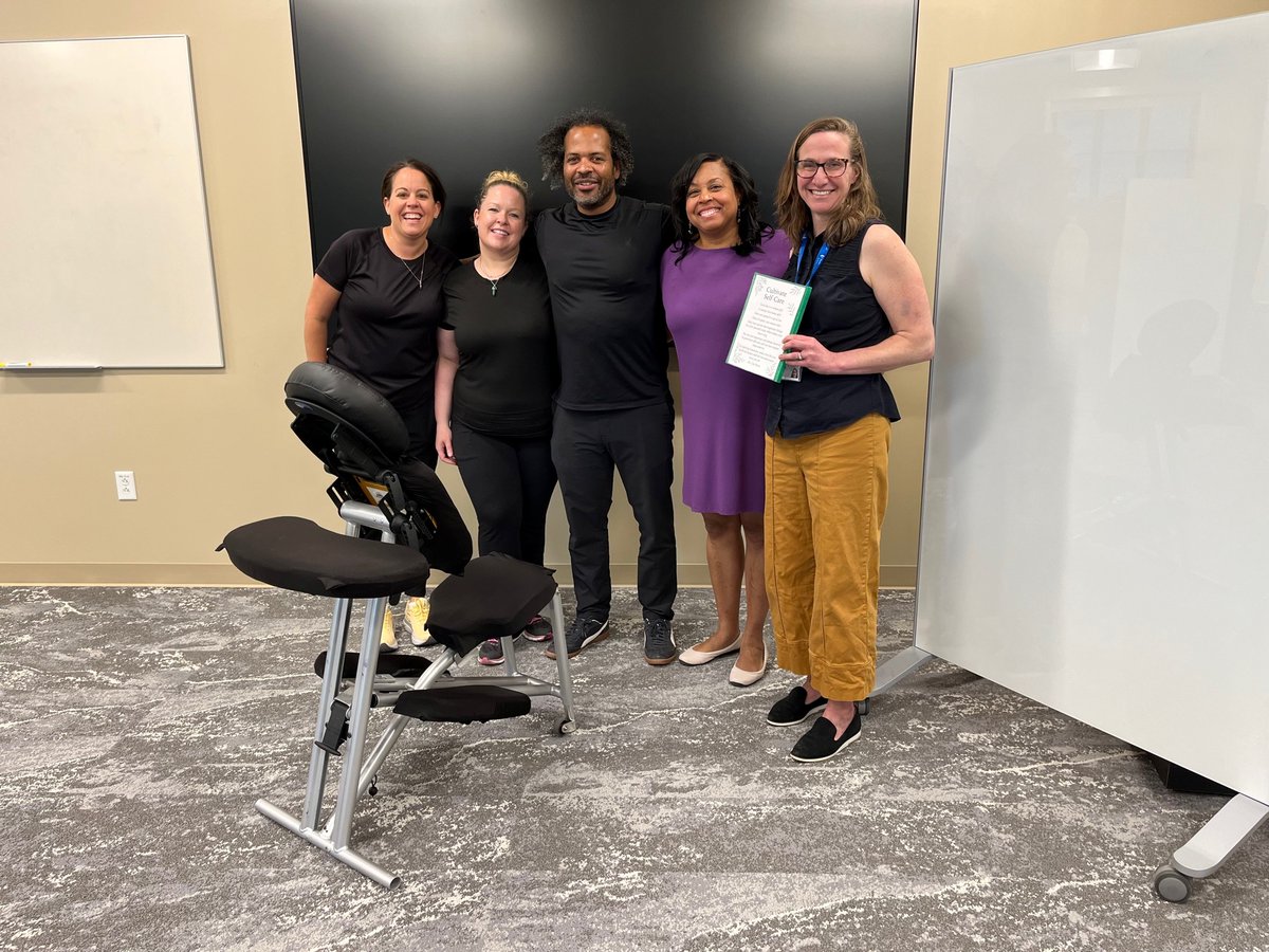 Duke_CTSI's tweet photo. A moment to recharge and reconnect: On May 14, the Duke-NCCU Bridge Office and CTSA Partnership Team brought together colleagues from Duke University and NCCU for a wellness-focused chair massage event in downtown Durham. https://t.co/jJL166KHEZ