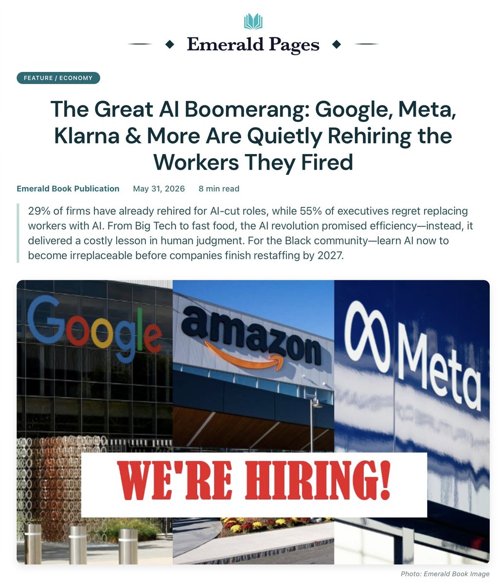 cwebbonline's tweet photo. THE AI BOOMERANG IS REAL

Remember when CEOs told everyone AI was coming for your job? Funny story.

Now companies are quietly rehiring after discovering that chatbots, algorithms, and AI hallucinations aren’t great at judgment, customer service, quality control, or fixing the messes they create.

• Google
• Meta
• IBM
• Salesforce
• Klarna
• Shopify
• Amazon
• McDonald’s

They replaced employees with software and then spent months realizing what the employees actually did.