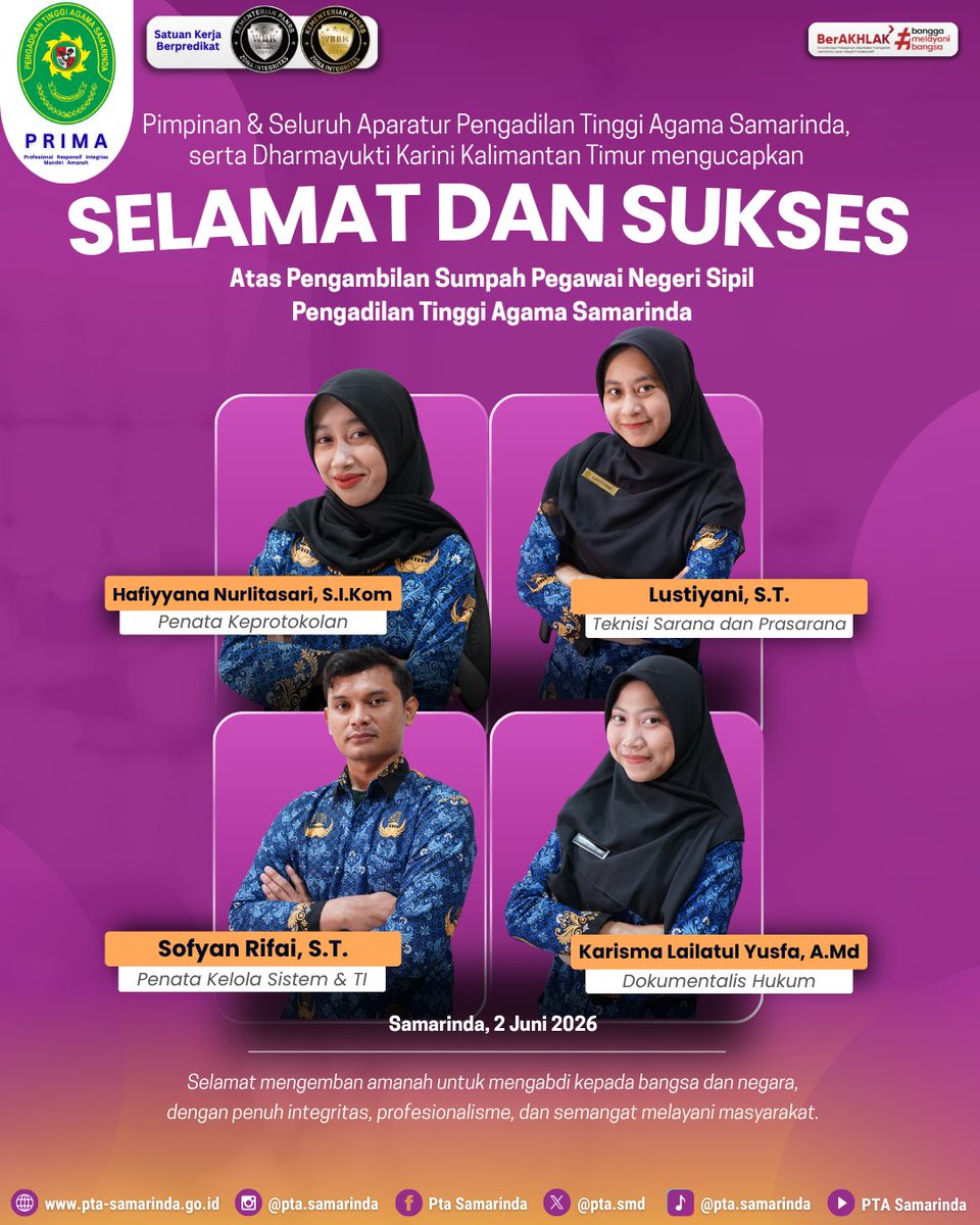 ptasmd's tweet photo. Pimpinan &amp; Aparatur PTA Samarinda, serta DyK Kaltim mengucapkan Selamat dan Sukses atas pengambilan sumpah Pegawai Negeri Sipil PTA Samarinda
.
.
#PTASamarindaPRIMA #PTASamarinda #sumpahpns
.
.
Adm H https://t.co/Dm0OUPw4W5