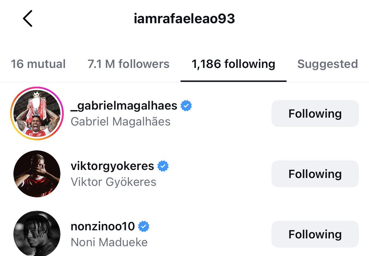 Only1tommo's tweet photo. Rafael Leão recent follows on instagram 👀 https://t.co/8uPws2Wy6S