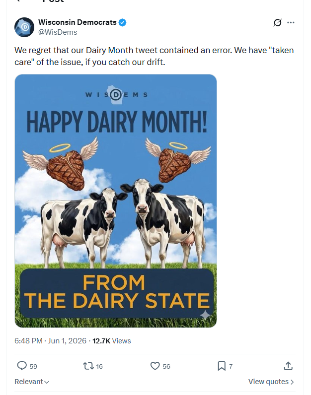 JamesBohnWI's tweet photo. The Madison city slickers at @wisdems don't know farming.  Dairy cows are typically used for ground meat, not T-bone steaks, because they are leaner than beef cattle. "All hat, no cattle." https://t.co/cJ5oJHyw2d