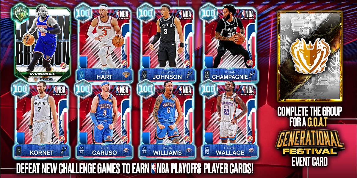 NBA2KMyTEAM's tweet photo. As we close in on the NBA Finals, the intensity is reaching another level in MyTEAM 🏀🔥

Take on new Playoff Challenges coming soon to MyTEAM and match the featured player's standout Playoffs performance to earn their elite player card.
Available rewards include:
🛡️ Invincible Jalen Brunson
💯 OVR Josh Hart
💯 OVR Julian Champagnie
💯 OVR Keldon Johnson
💯 OVR Luke Kornet
💯 OVR Alex Caruso
💯 OVR Jaylin Williams
💯 OVR Cason Wallace
Complete the full Challenge Group to earn a 🐐 G.O.A.T. Generational Festival Event Card and bring even more heat to your lineup ⏳👀