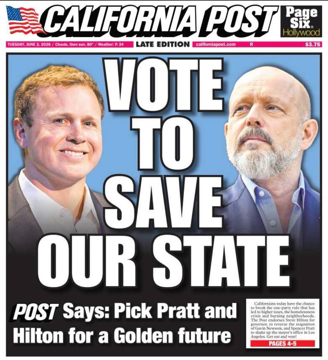 californiapost's tweet photo. Today's cover: POST Says: Pick Spencer Pratt and Steve Hilton for a Golden future. https://t.co/WIjgMaO8By

Subscribe for home delivery: https://t.co/okw0bmjSRS https://t.co/Na9ZZ8ypt9