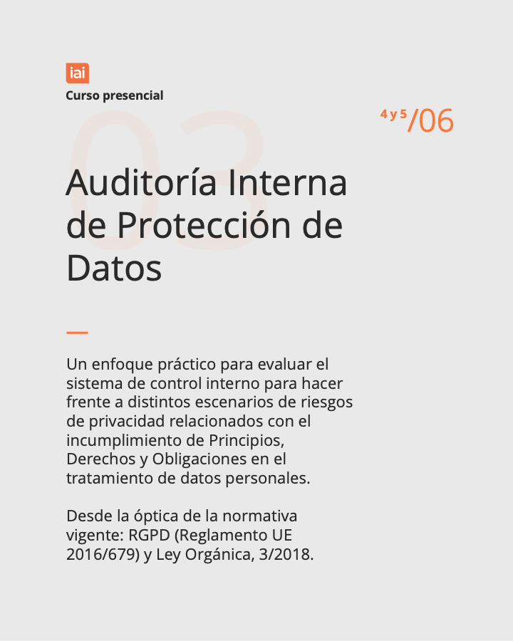AuditorInterno's tweet photo. ▪️"Auditoría Interna de Protección de Datos (Curso Presencial)", 4 y 5 junio: https://t.co/jVKfja6w3X

▶️ Recuerda:
1. El precio de socio se aplica a los socios de cualquier Instituto de Auditores Internos del mundo. Escríbenos a servicioscliente@iai.es para que te registremos como socio de otro Instituto.

2. Si eres socio, utiliza tus “Créditos Formativos” (excepto para Certificaciones).

▶️ Cualquier duda, estamos a tu disposición en el correo: servicioscliente@iai.es

#AuditoríaInterna #AuditoresInternos
