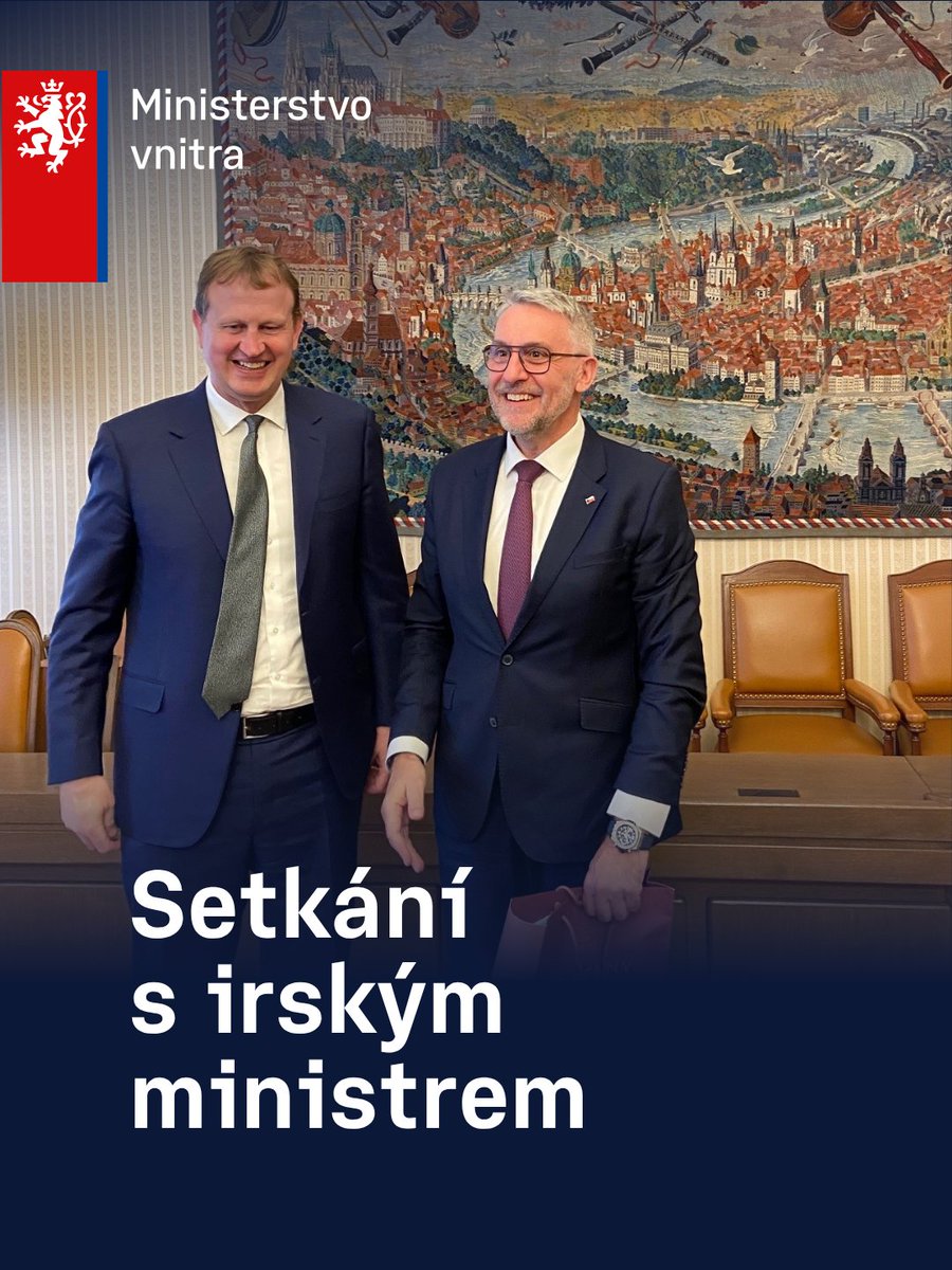 vnitro's tweet photo. 🇨🇿🇮🇪 Ministr vnitra @metnarl dnes jednal s ministrem spravedlnosti, vnitra a migrace Irska @OCallaghanJim. Jedním z hlavních důvodů návštěvy irského ministra bylo představení priorit irského předsednictví v Radě EU v druhé polovině letošního roku.

▪️Ministr Metnar irského kolegu informoval, že naší strategickou prioritou zůstává boj proti nelegální migraci nebo budoucnost dočasné ochrany, resp. postupný odchod od tohoto režimu. 
▪️Česko také usiluje o posílení návratové složky agentury Frontex tak, aby se zefektivnily návraty nelegálních migrantů ze třetích zemí do zemí původu.

Více na https://t.co/5jKgUIXRIM