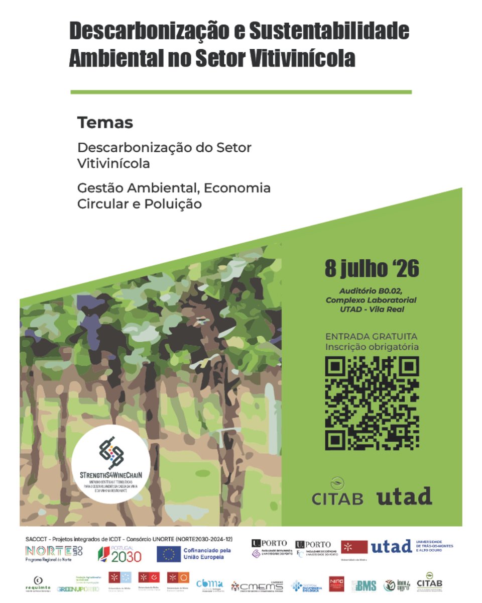 cebuminho's tweet photo. 🍇🌱 CEB will be at the event on Decarbonisation &amp; Sustainability in the Wine Sector! 🍷♻️

🎟️ Free participation (registration required).
👉 Scan the QR Code on the poster to register.
#CEB #UMinho #Sustainability #WineIndustry https://t.co/SORfIMwYWz