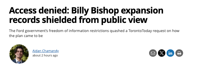 MaritStiles's tweet photo. Doug Ford’s government said its FOI changes weren’t about hiding records.

Now those changes have killed a journalist’s request for records on the Billy Bishop expansion.

The records aren’t being released. The public may never see them.

This is exactly what he wanted. https://t.co/bUbeh55TPE
