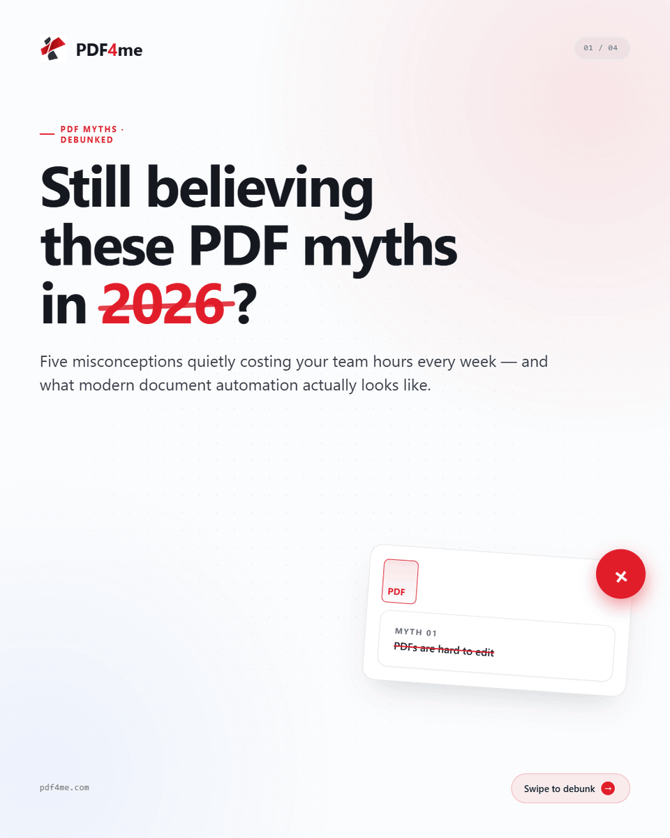 pdf4me's tweet photo. Still believing these?

❌ PDFs are hard to edit 
❌ E-signatures aren't secure
❌ Compression kills quality

Wrong, wrong, wrong. 🚫

Modern automation solves ALL of these. Your team wastes 4+ hours weekly on document tasks. That's time. That's money. That's lost productivity. https://t.co/Fj9ebwL0A7