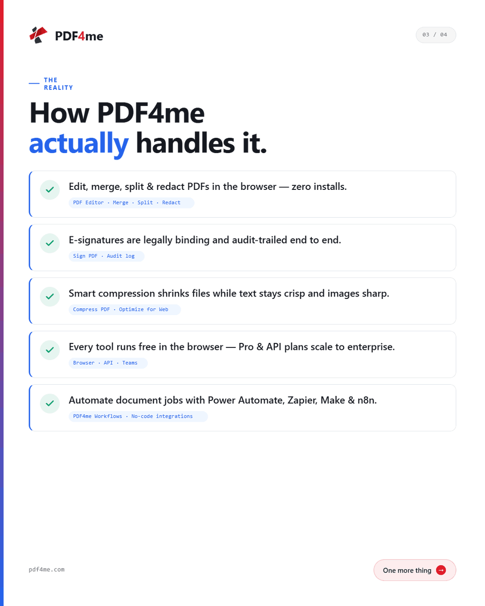 pdf4me's tweet photo. Still believing these?

❌ PDFs are hard to edit 
❌ E-signatures aren't secure
❌ Compression kills quality

Wrong, wrong, wrong. 🚫

Modern automation solves ALL of these. Your team wastes 4+ hours weekly on document tasks. That's time. That's money. That's lost productivity. https://t.co/Fj9ebwL0A7