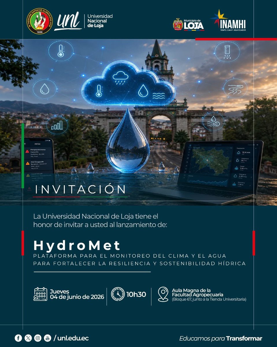 UNLoficial's tweet photo. 🌧️ ¡Lanzamiento de #HydroMet en la #UNL!

Una innovadora plataforma para el monitoreo del clima y el agua, que fortalecerá la resiliencia y sostenibilidad hídrica de Loja.

🤝 Impulsada por #UNL, @MunicipioDeLoja e @inamhi_ec 

#EducamosParaTransformar https://t.co/ff46qTTBXe