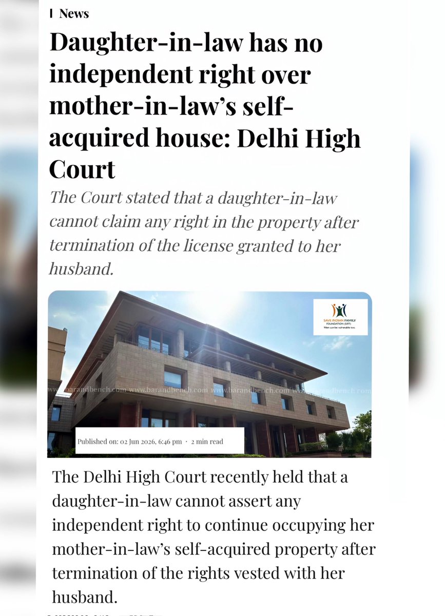 SamSiff's tweet photo. That’s the SLAP,👋 , I was waiting for these 
‘gold-digger’s daughters-in-law.

Today’s girls don’t want to live with or respect their mothers-in-law, but shamelessly want a share in the property of their mothers-in-law.

I would say mothers-in-law should clearly tell such daughters-in-law:

“If you don’t respect us and only create drama and harassment in the family, you will get a big zero from our wealth when we retire and after we are gone.”

Let these daughters-in-law take property from their own fathers instead of eyeing the hard-earned assets of their in-laws.

Moreover, I believe no gold jewellery or expensive assets should be gifted merely out of social pressure. Respect, care, and family values should matter more than greed and entitlement.

The Delhi High Court has made it clear: a daughter-in-law cannot claim an independent right over her mother-in-law’s self-acquired property. 

Hard-earned property belongs to the person who earned it, not to those waiting to inherit it through pressure, manipulation, or litigation.