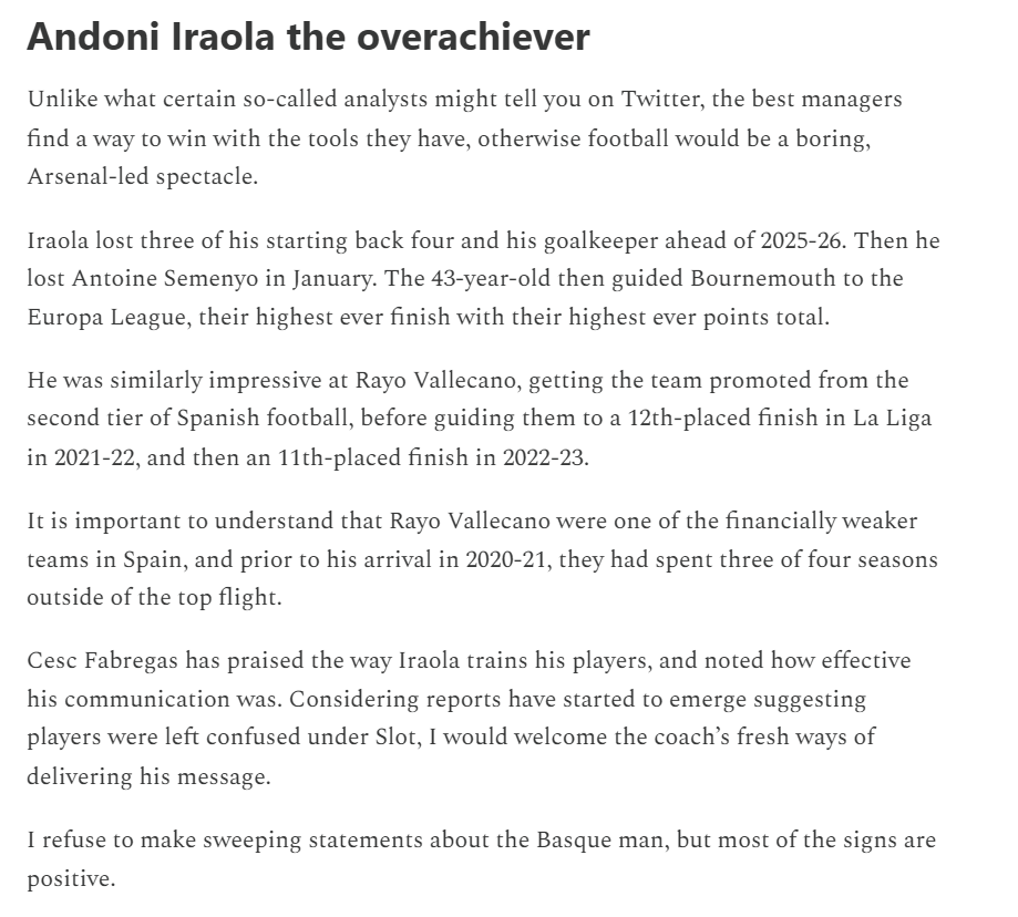LewisFN00's tweet photo. Andoni Iraola has a consistent history of overachieving. Doing that in two of Europe's top-five leagues was probably very appealing to Liverpool.

He'll have to adapt, of course, but he's shown that he can adapt, even in the Premier League. https://t.co/CIBH9m6HaX