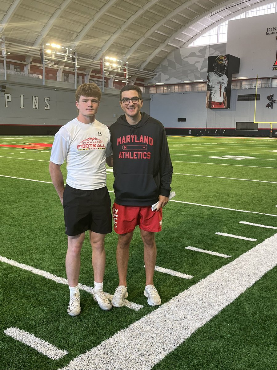 Coach_C_LHS's tweet photo. Pretty cool stuff here, one of my former DeMatha QB's (now a Coach) and my current Leonardtown QB at the UMD QB Camp this past weekend! Both top notch ballers! @Bradley_Hager08 @NajarianEric #Snipers #RET https://t.co/vwsFBqCe8n