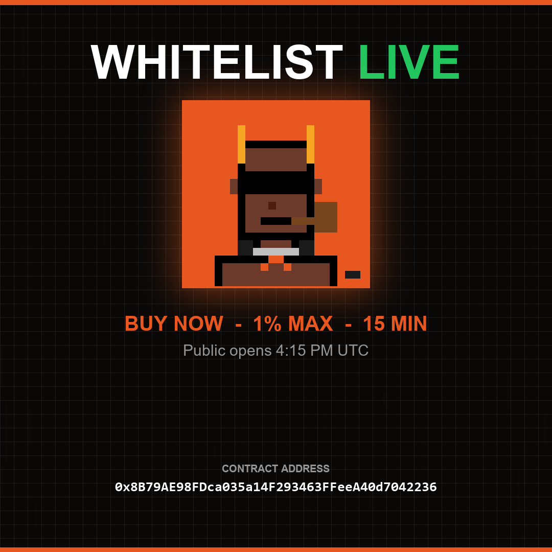 ArenaPunksNFT's tweet photo. WHITELIST PHASE IS LIVE. BUY NOW.

$APUNK
CA: 0x8B79AE98FDca035a14F293463FFeeA40d7042236
Trade: https://t.co/Y4tDht4zUB

15 minutes only. 1% max per wallet. Buy with $AVAX or $ARENA.

Public opens 4:15 PM UTC. https://t.co/RnwIFmJCDc