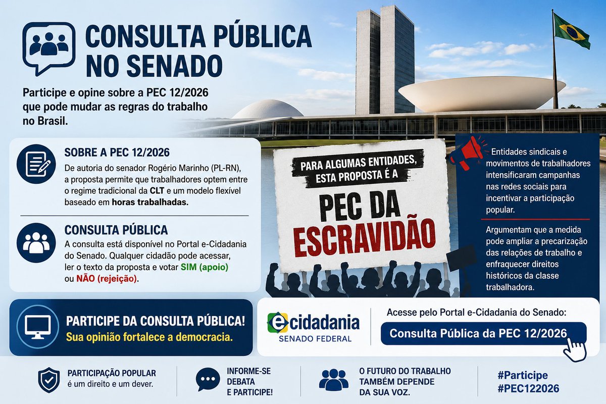 centralsindical's tweet photo. Consulta pública no Senado

O Senado Federal abriu uma consulta pública sobre a PEC 12/2026 por meio do Portal e-Cidadania. A proposta, de autoria do senador Rogério Marinho (PL-RN), permite que trabalhadores optem entre o regime tradicional da CLT e um modelo flexível baseado em horas trabalhadas. A consulta está disponível para participação popular e permite que cidadãos manifestem apoio ou rejeição ao texto.
A consulta pública pode ser acessada pelo Portal e-Cidadania do Senado: https://t.co/aB1QgDDn9H