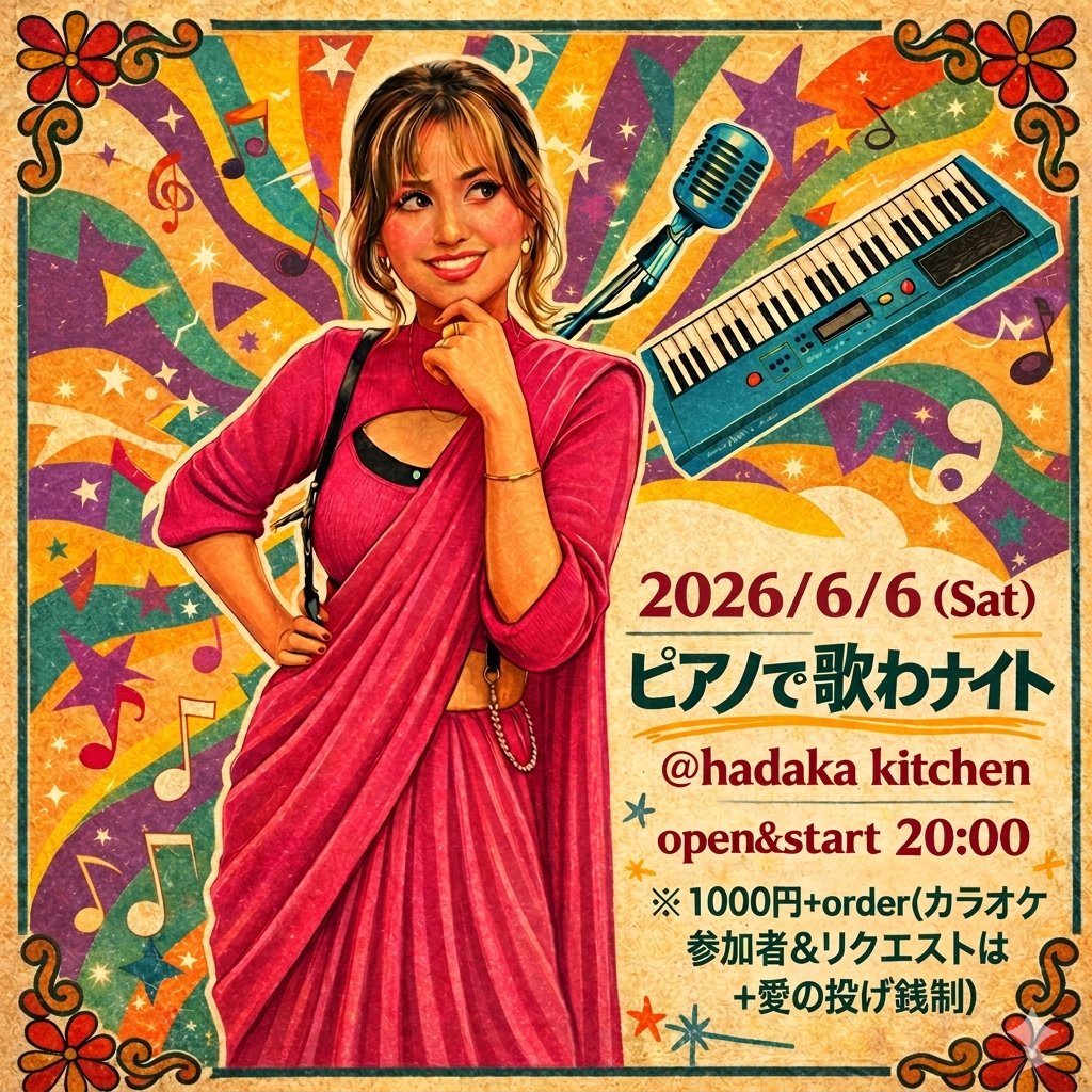 hadakakitchen's tweet photo. ◎2026/6/6(Sat)ピアノで歌わナイト◎
Open&amp;Start20:00(ボイトレは21:00まで)
※1000円+order(カラオケ参加者&amp;リクエストは+愛の投げ銭制)
カラオケは深夜1時頃終了予定でその後は通常営業。  https://t.co/LNBNs4YTmy
#hadakakitchen #ハダカキッチン #ハダキチ #カラオケ #祐天寺 https://t.co/qwlqos94cp