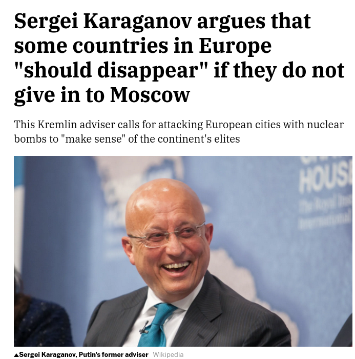 EUvsDisinfo's tweet photo. Russian propagandist and former adviser to Vladimir Putin Sergey Karaganov continues to publicly advocate for nuclear strikes against European cities, arguing that some European countries should ‘disappear entirely’.

He is the same figure who regularly accuses EU member states of being ‘reckless warmongers’ on behalf of the Kremlin.