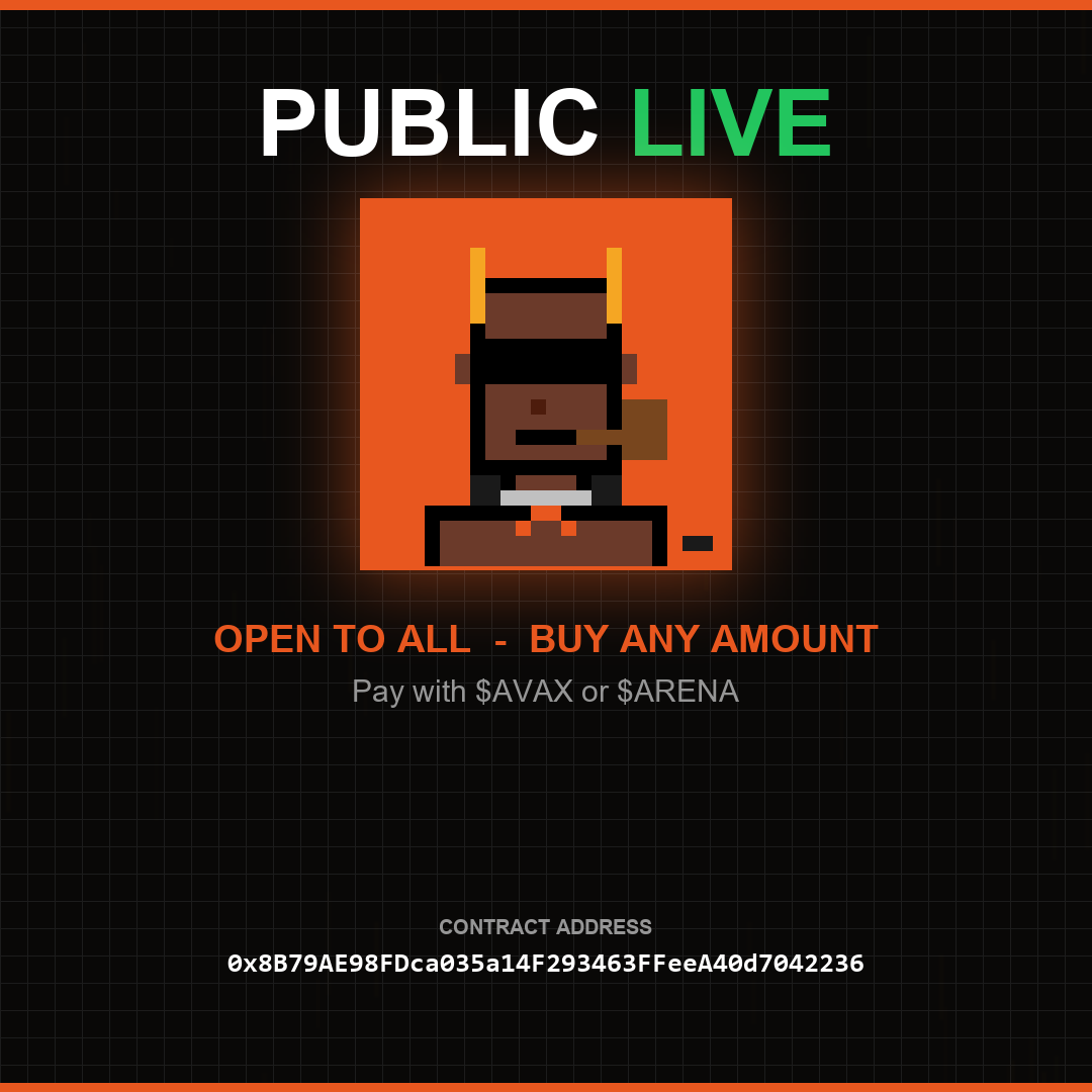 ArenaPunksNFT's tweet photo. PUBLIC PHASE IS LIVE. OPEN TO ALL.

$APUNK
Trade: https://t.co/Y4tDht4253

No limits. Buy any amount with $AVAX or $ARENA.

CA: 0x8B79AE98FDca035a14F293463FFeeA40d7042236 https://t.co/bn3XJaDIy7